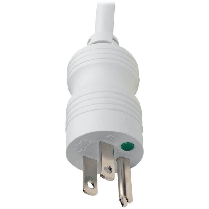 Close-up of hospital-grade power plug with green certification dot