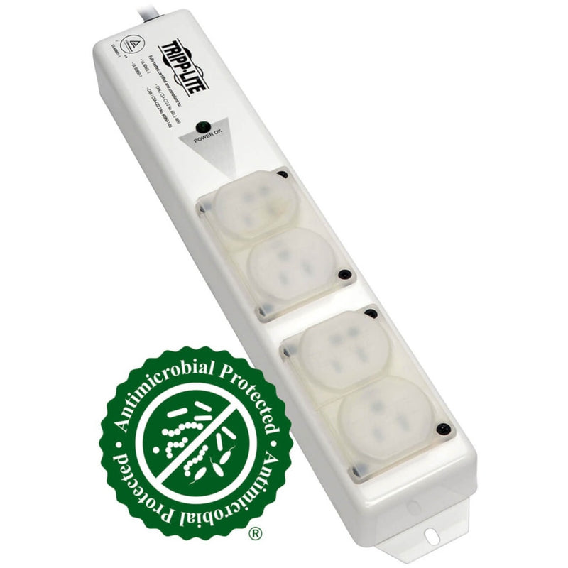 Medical-grade power strip with antimicrobial protection showing four covered outlets and power indicator