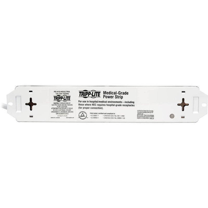 Medical certification labels and mounting points on power strip rear panel