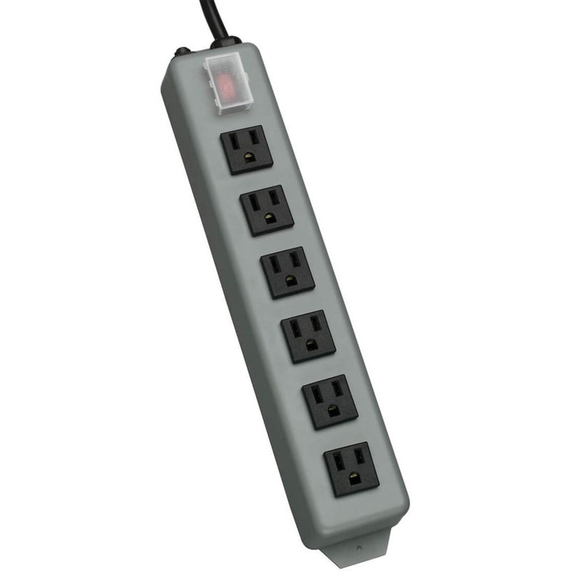 Tripp Lite UL24CB-15 power strip featuring 6 evenly spaced outlets, illuminated power switch, and durable gray metal housing