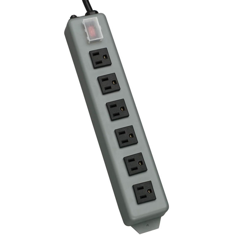 Tripp Lite Waber UL24RA-15 power strip with 6 right-angle outlets, illuminated switch, and gray metal housing