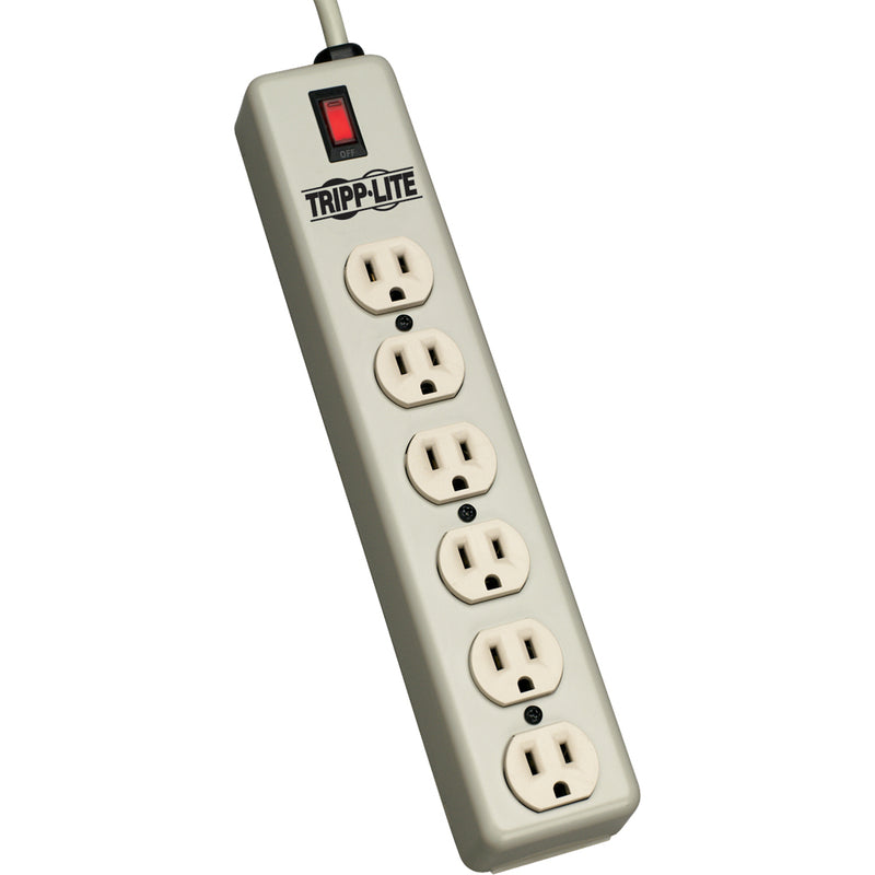 Tripp Lite 6SPDX-15 power strip featuring six NEMA 5-15R outlets, illuminated power switch, and beige metal housing