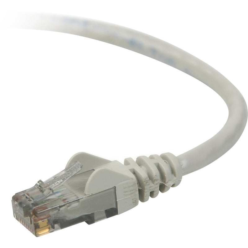 Close-up view of Belkin Cat6 network cable connector showing snagless boot design and RJ-45 termination