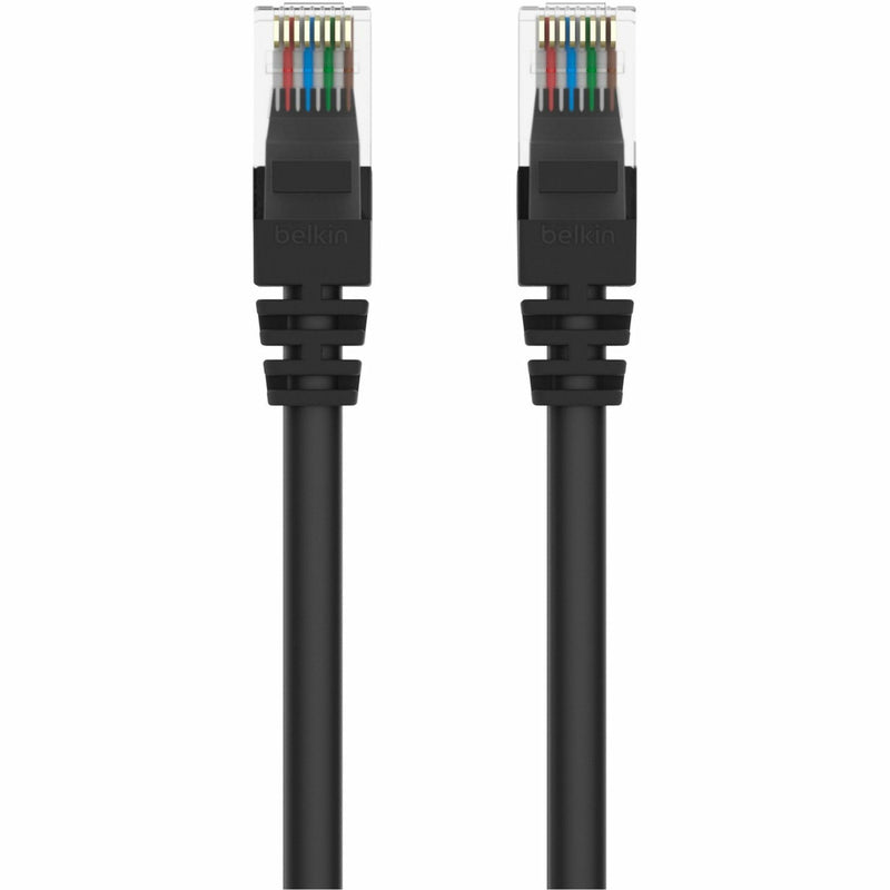 Close-up view of Belkin Cat6 cable ends showing snagless boots and color-coded wiring through transparent RJ-45 connectors