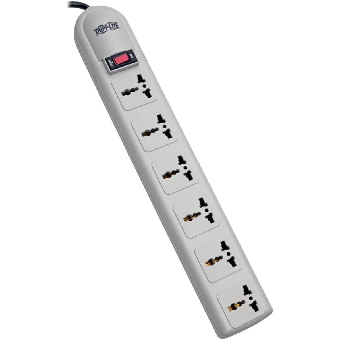 Front view of Tripp Lite SUPER6OMNIB surge protector showing six universal outlets and power switch-alternate-image1