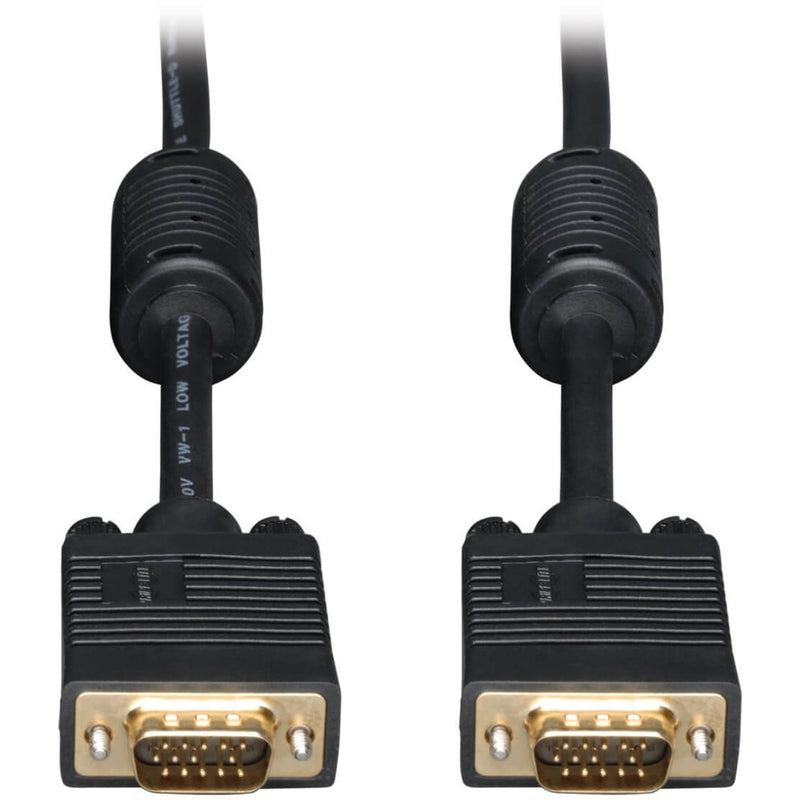 Close-up view of Tripp Lite P502-015 SVGA/VGA cable's gold-plated HD15 male connectors with molded strain relief design