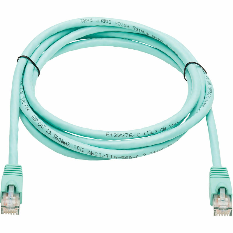 Full-length view of 7-foot aqua Cat6a ethernet cable with printed specifications and RJ-45 connectors