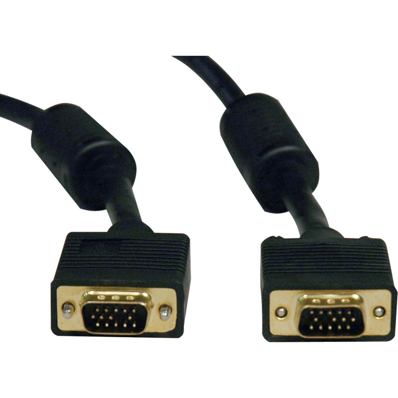 Close-up view of Tripp Lite P502-100 VGA cable's gold-plated HD15 male connectors with molded strain relief