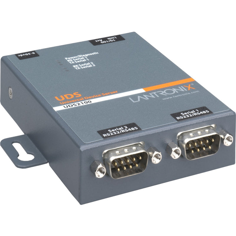 Lantronix UDS2100 device server showing dual RS232/RS485 serial ports and mounting bracket