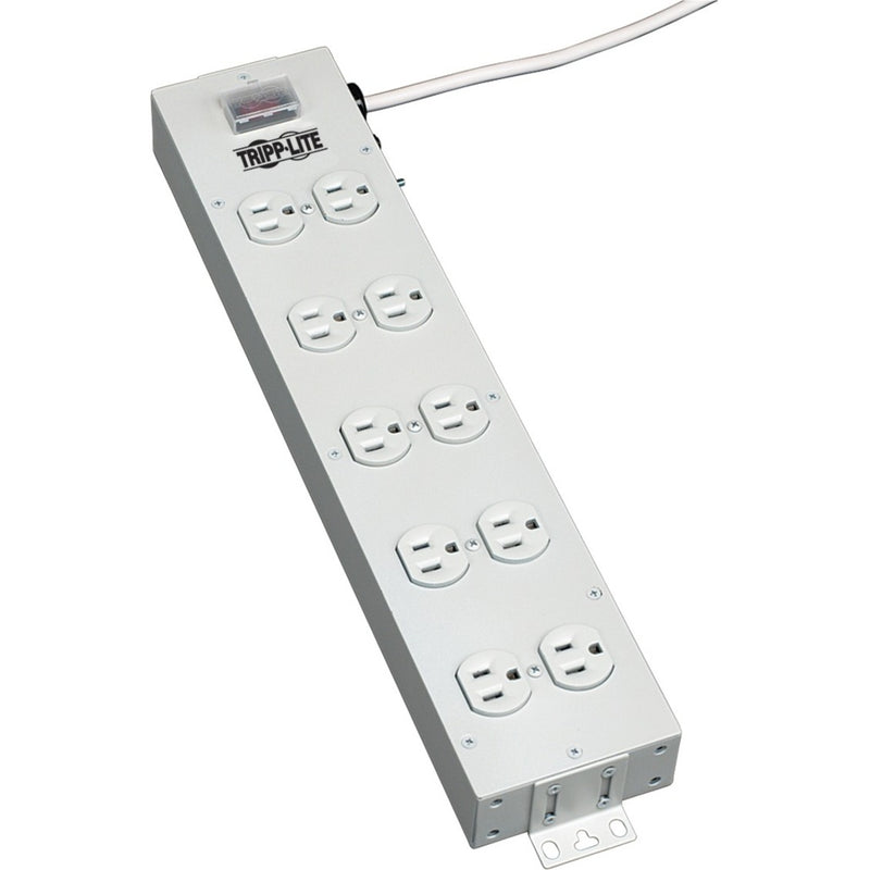 Tripp Lite TLM1015NC metal power strip showing 10 evenly spaced outlets with illuminated power switch and mounting brackets