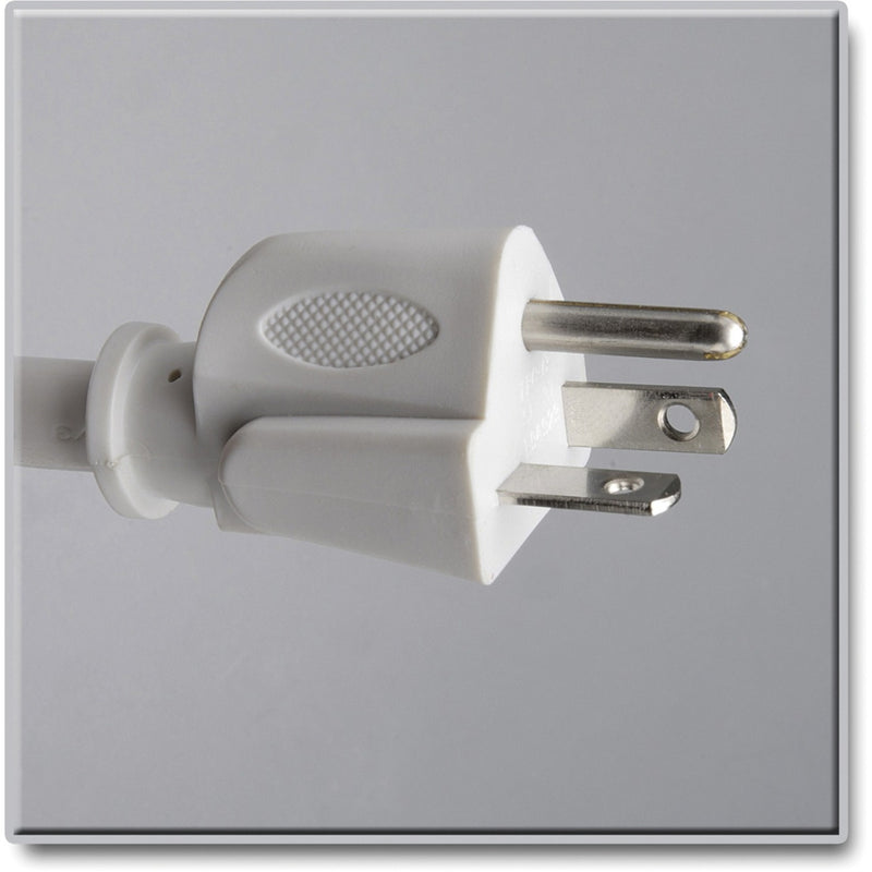 Close-up view of white NEMA 5-15P power plug with textured grip surface and metal prongs