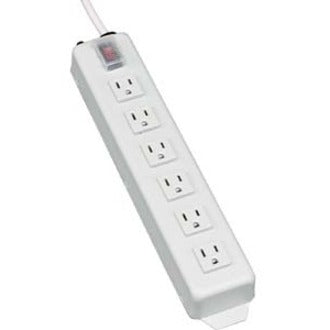 Six-outlet power strip with illuminated switch showing aligned NEMA 5-15R receptacles