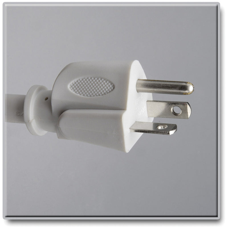 Detailed view of NEMA 5-15P plug showing ergonomic design and metal prongs