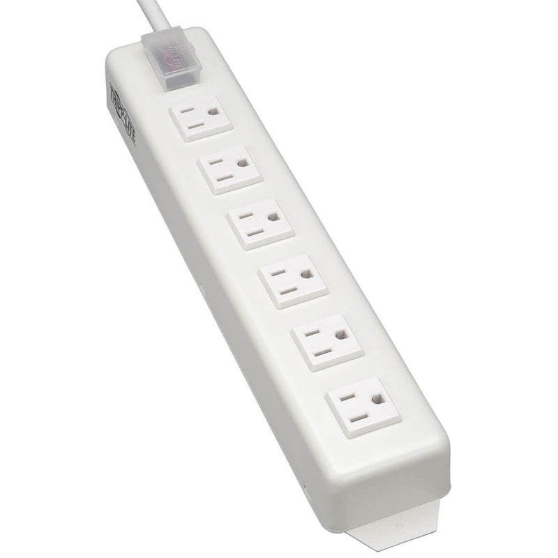 Tripp Lite TLM615NCRA power strip with 6 right-angle outlets and illuminated power switch in white finish