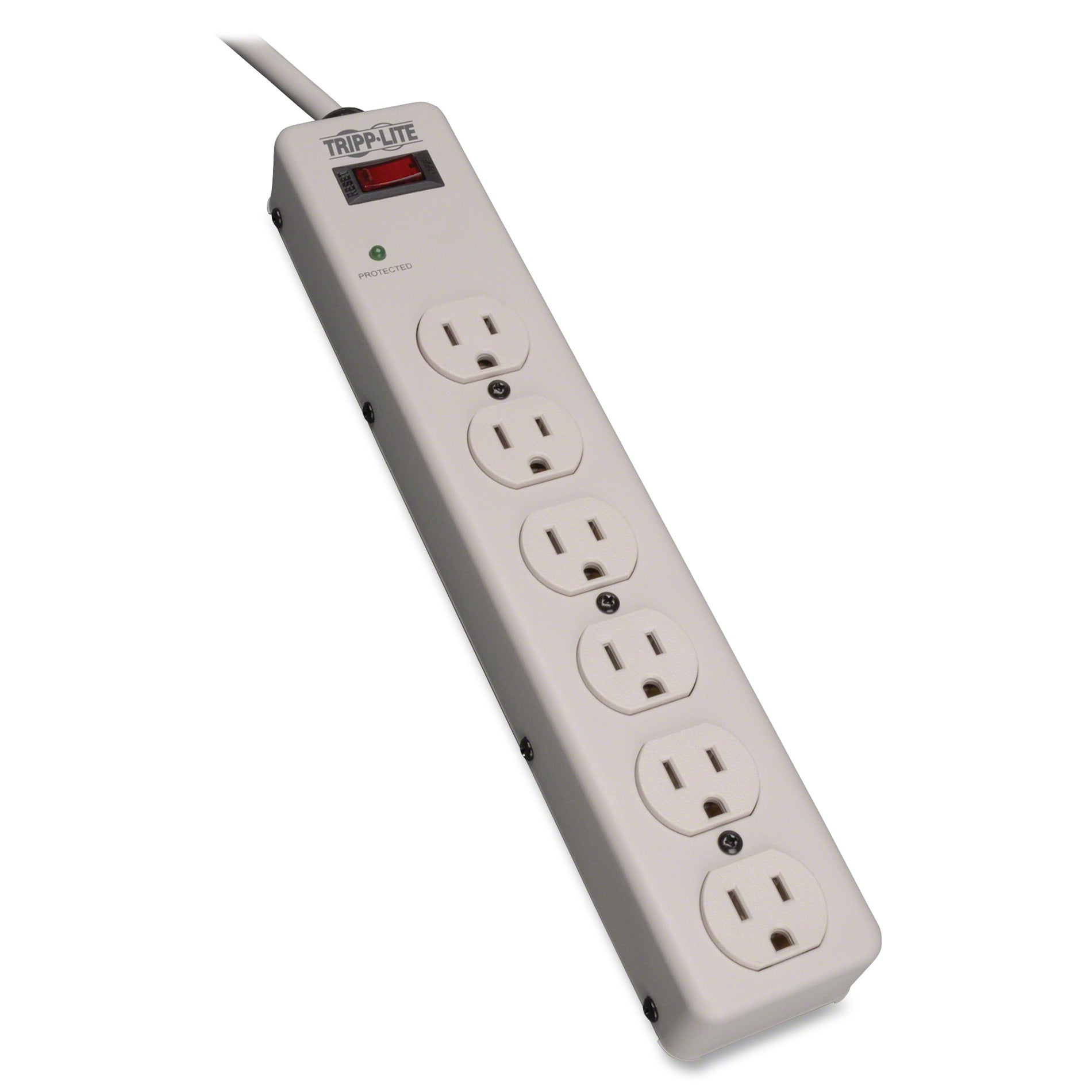 Angled view of Tripp Lite TLM606HJ surge protector showing outlet arrangement and sturdy construction-alternate-image2