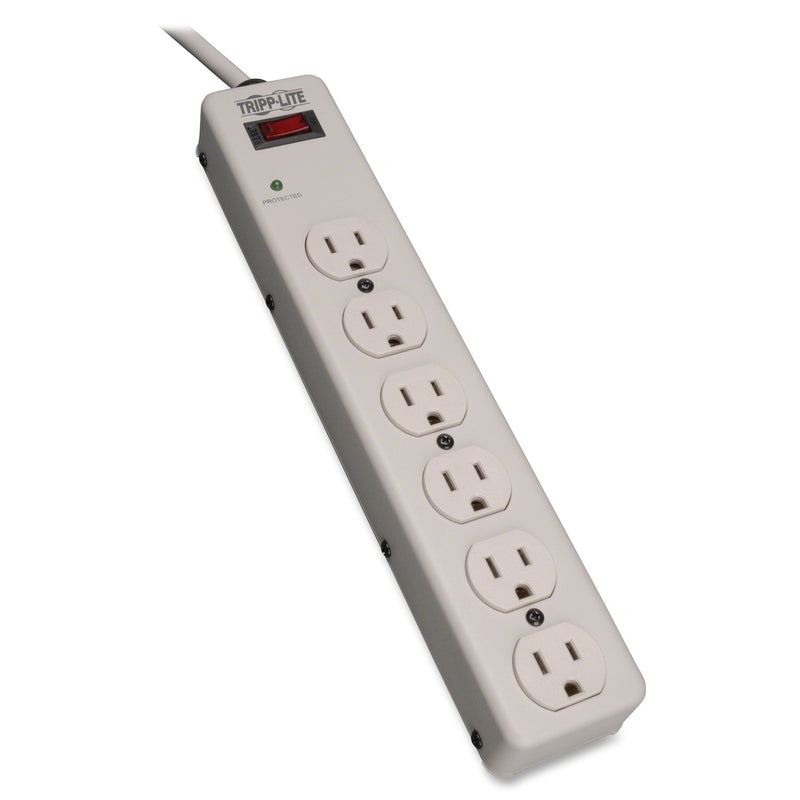 Angled view of Tripp Lite TLM606HJ surge protector showing outlet arrangement and sturdy construction