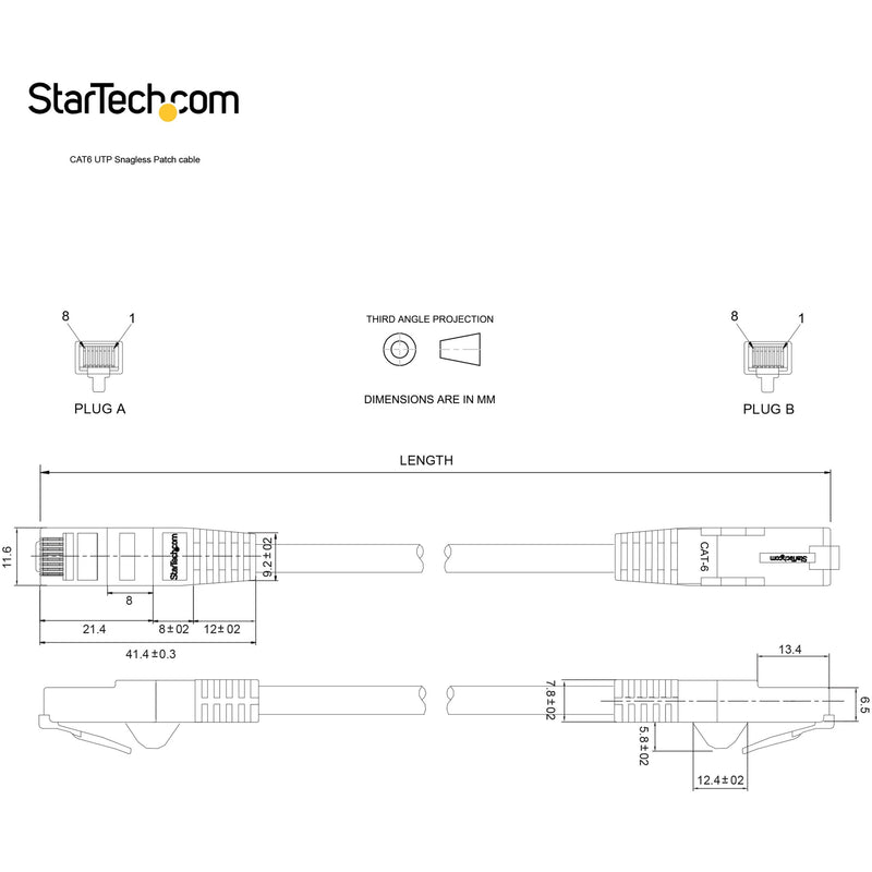 Technical drawing showing precise dimensions and specifications of Cat6 cable connectors