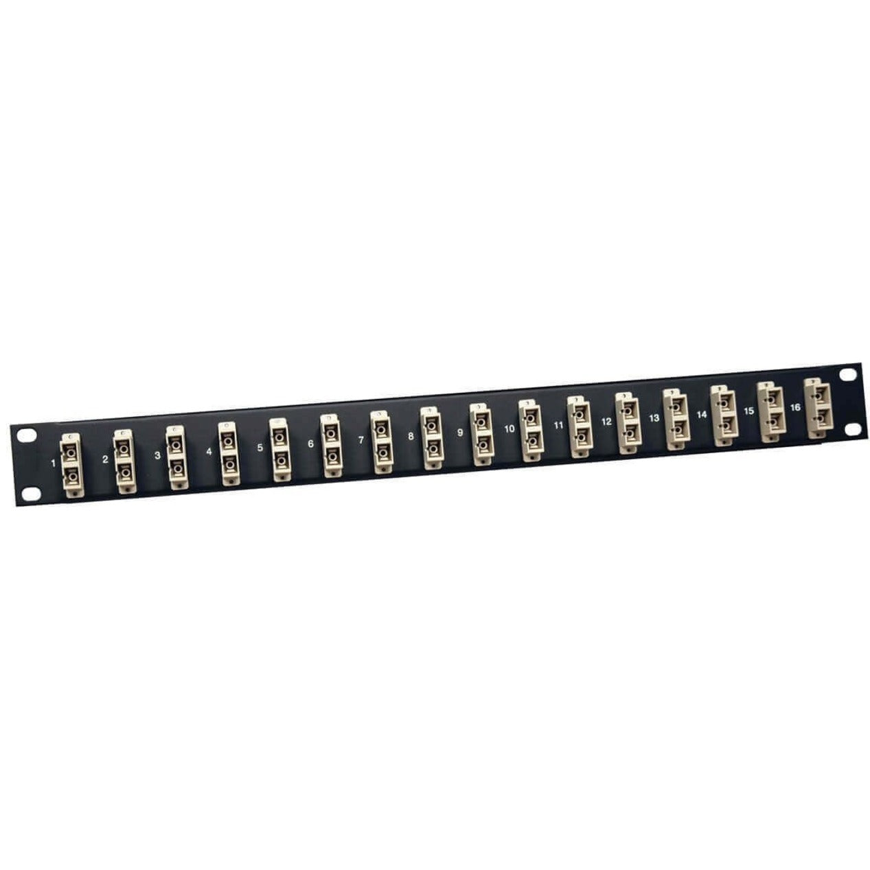 Front view of Tripp Lite N490-016-SCSC 1U rack-mount fiber patch panel showing 16 numbered duplex SC ports arranged horizontally-alternate-image1