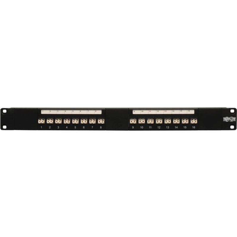 Front view of Tripp Lite 16-port LC/LC fiber optic patch panel with numbered ports and dual-row configuration