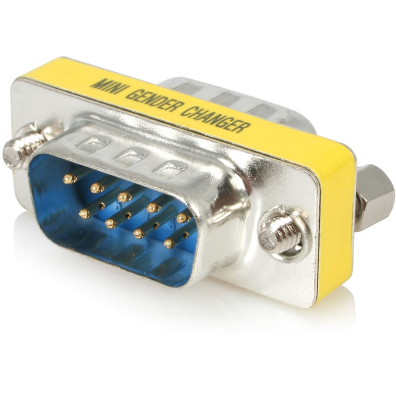 StarTech.com DB9 serial gender changer adapter with male connectors, yellow label, and metallic silver housing