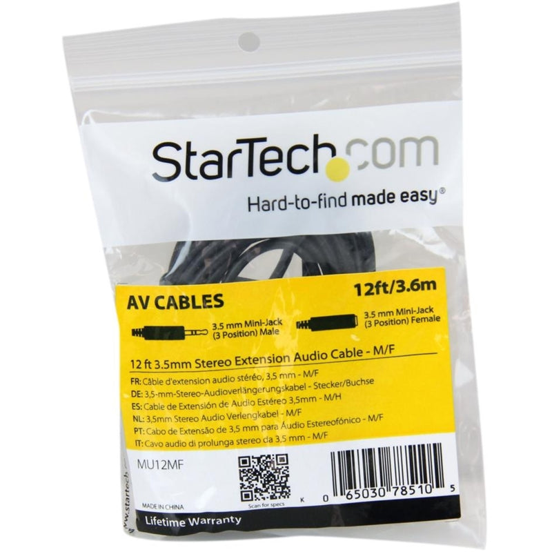 StarTech.com audio cable retail packaging showing product specifications and warranty information