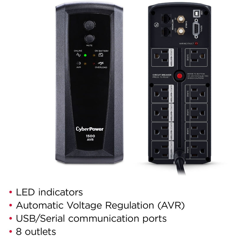 Dual view of CyberPower CP1500AVRT UPS showing front control panel and rear outlets