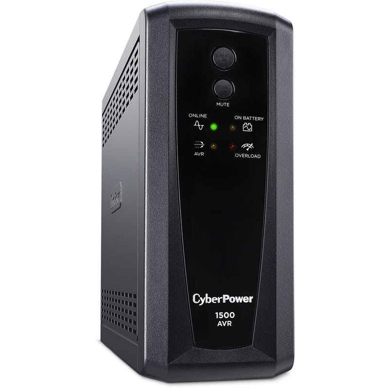 Side angle view of CyberPower CP1500AVRT UPS showing cooling vents and compact design