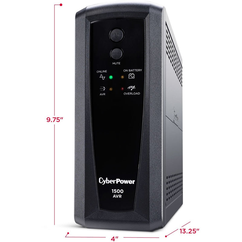 Dimensional view of CyberPower CP1500AVRT UPS with measurements labeled