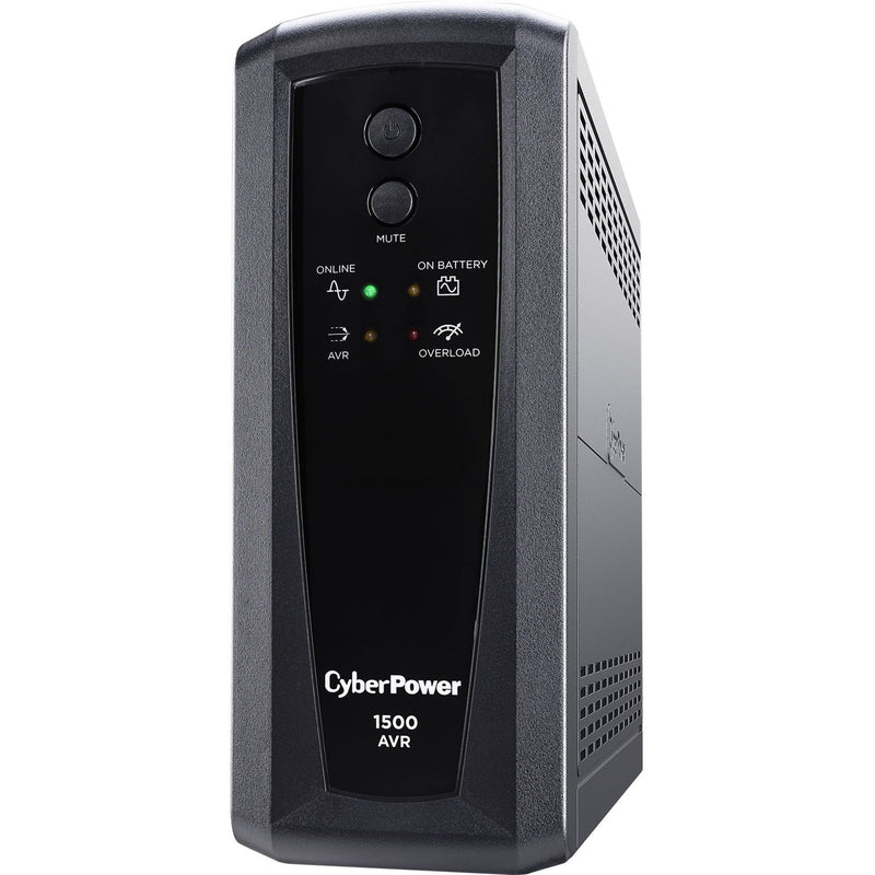 Angular view of CyberPower CP1500AVRT UPS showing sleek profile and control panel