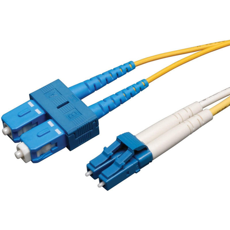 Close-up view of LC and SC connectors on Tripp Lite N366-03M fiber optic patch cable showing blue connector housings and yellow cable jacket