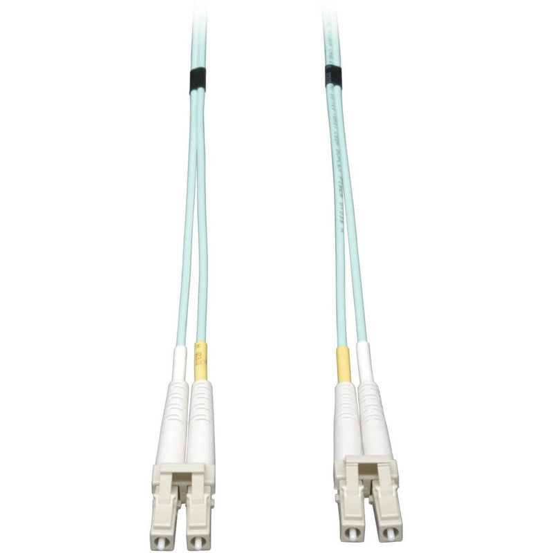 Tripp Lite N820-02M aqua blue fiber optic cable with white LC connectors on both ends