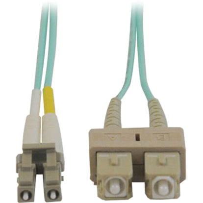 Tripp Lite N816-01M fiber optic cable showing SC and LC connectors with aqua blue cable jacket