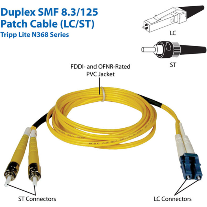 Technical diagram of Tripp Lite N368 Series fiber optic cable showing LC/ST connectors and cable specifications