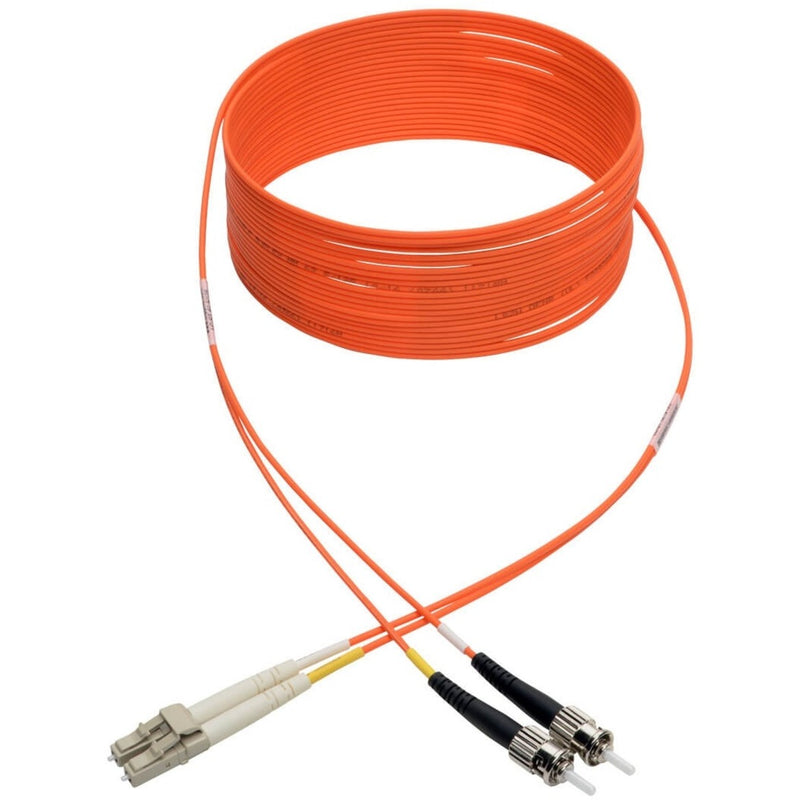 Full length view of orange fiber optic cable showing coiled configuration and connector ends