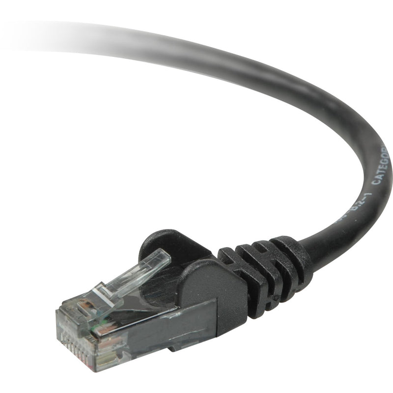 Close-up view of Belkin Cat 6 network cable's RJ-45 connector with snagless boot and black cable jacket