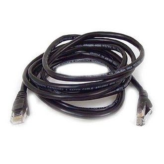 Black Belkin Cat 5e network patch cable with RJ-45 connectors and snagless boots, coiled in circular pattern