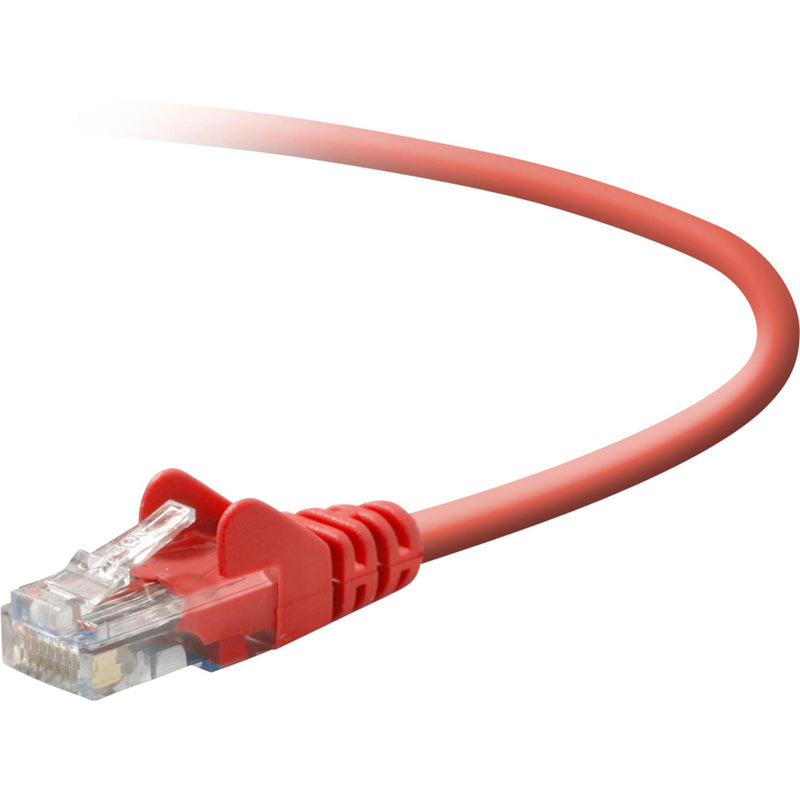 Red Belkin Cat5e network patch cable with snagless connector and clear RJ-45 termination