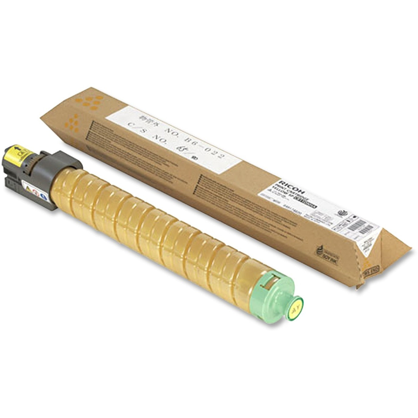 Ricoh 820008 high-yield yellow toner cartridge with packaging, showing the elongated yellow cartridge design and eco-friendly brown box-alternate-image1