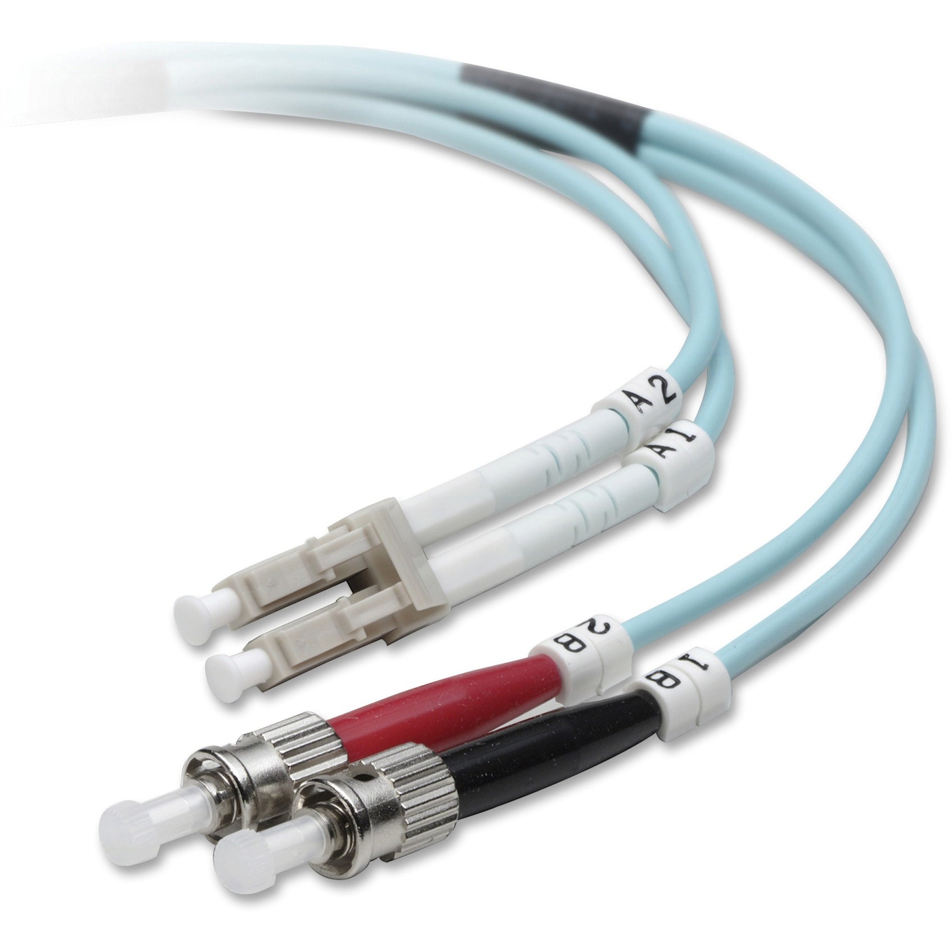 Belkin 10GB aqua fiber optic cable with dual LC connectors on one end and dual ST connectors on the other end, featuring clear connector labeling-alternate-image1