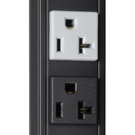 Close-up of dual-colored PDU outlets showing circuit separation