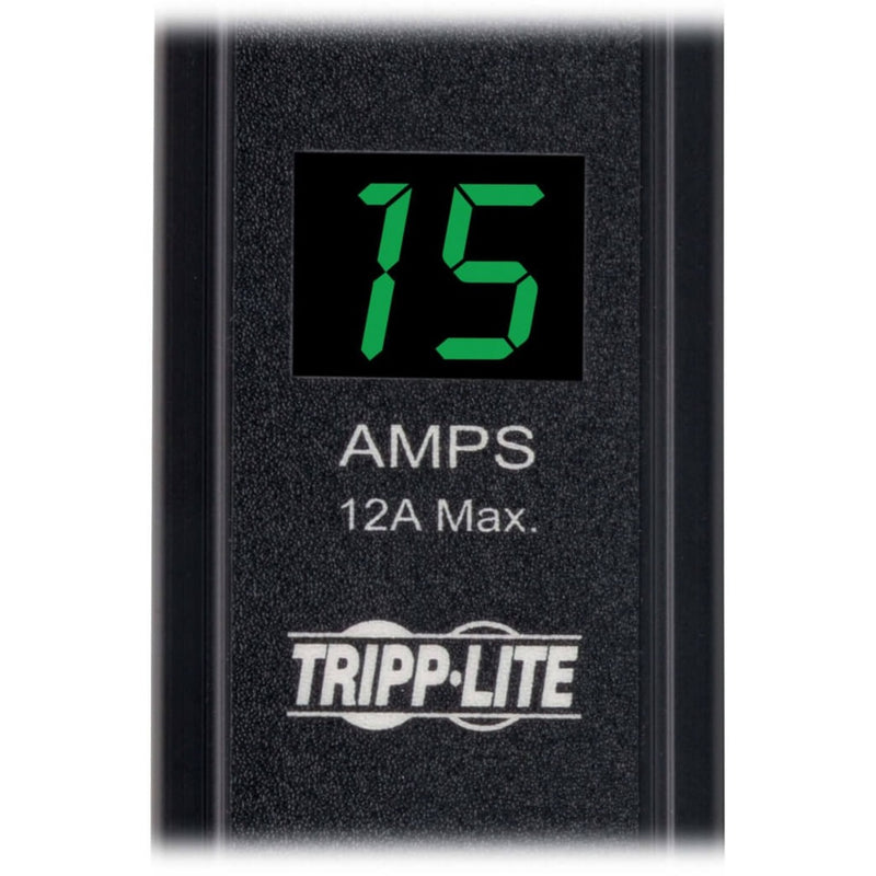 Close-up of Tripp Lite PDUMV15 digital amp meter display showing power consumption