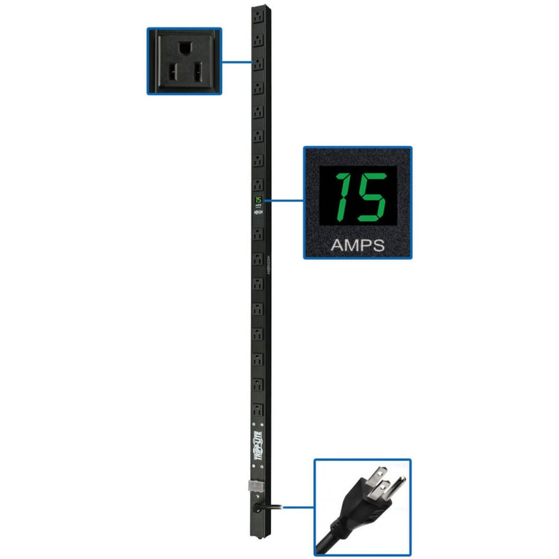 Tripp Lite PDUMV15 PDU showing vertical outlet array with digital amp meter display and NEMA outlets