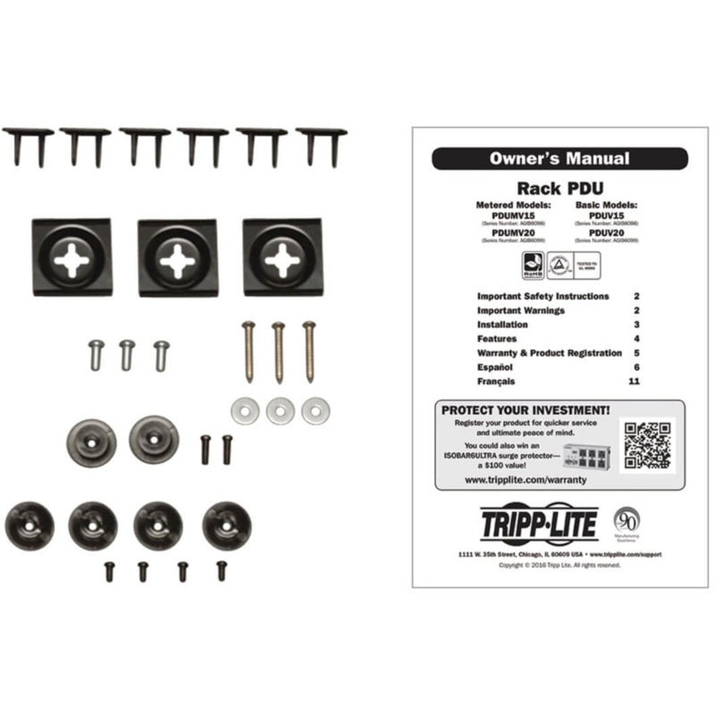 Installation components and manual included with Tripp Lite PDUMV15 PDU