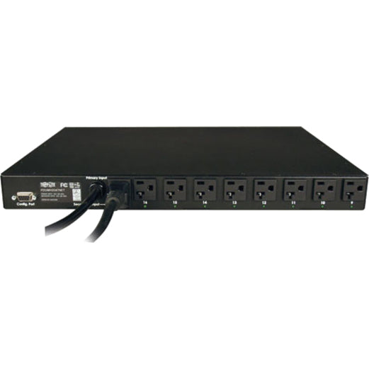 Rear view of PDUMH20ATNET PDU showing dual power inputs and outlet configuration