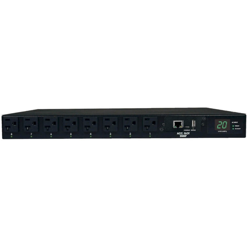 Front view of Tripp Lite PDUMH20ATNET PDU showing 16 outlets, network interface, and digital display