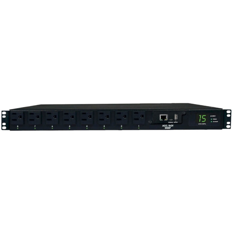 Horizontal view of Tripp Lite PDUMH15ATNET showing outlet arrangement and network interface