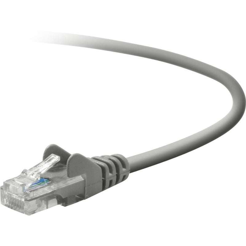 Gray Belkin Cat5e network cable with snagless boot and clear RJ-45 connector showing internal wiring