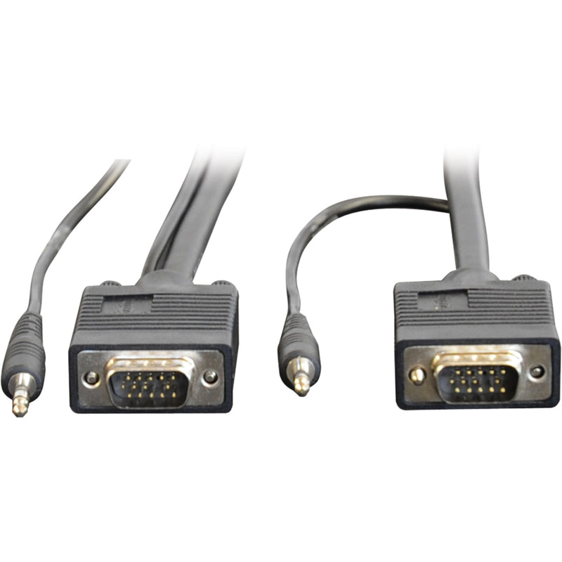 Detailed view of gold-plated VGA connectors and 3.5mm audio plugs showing premium construction