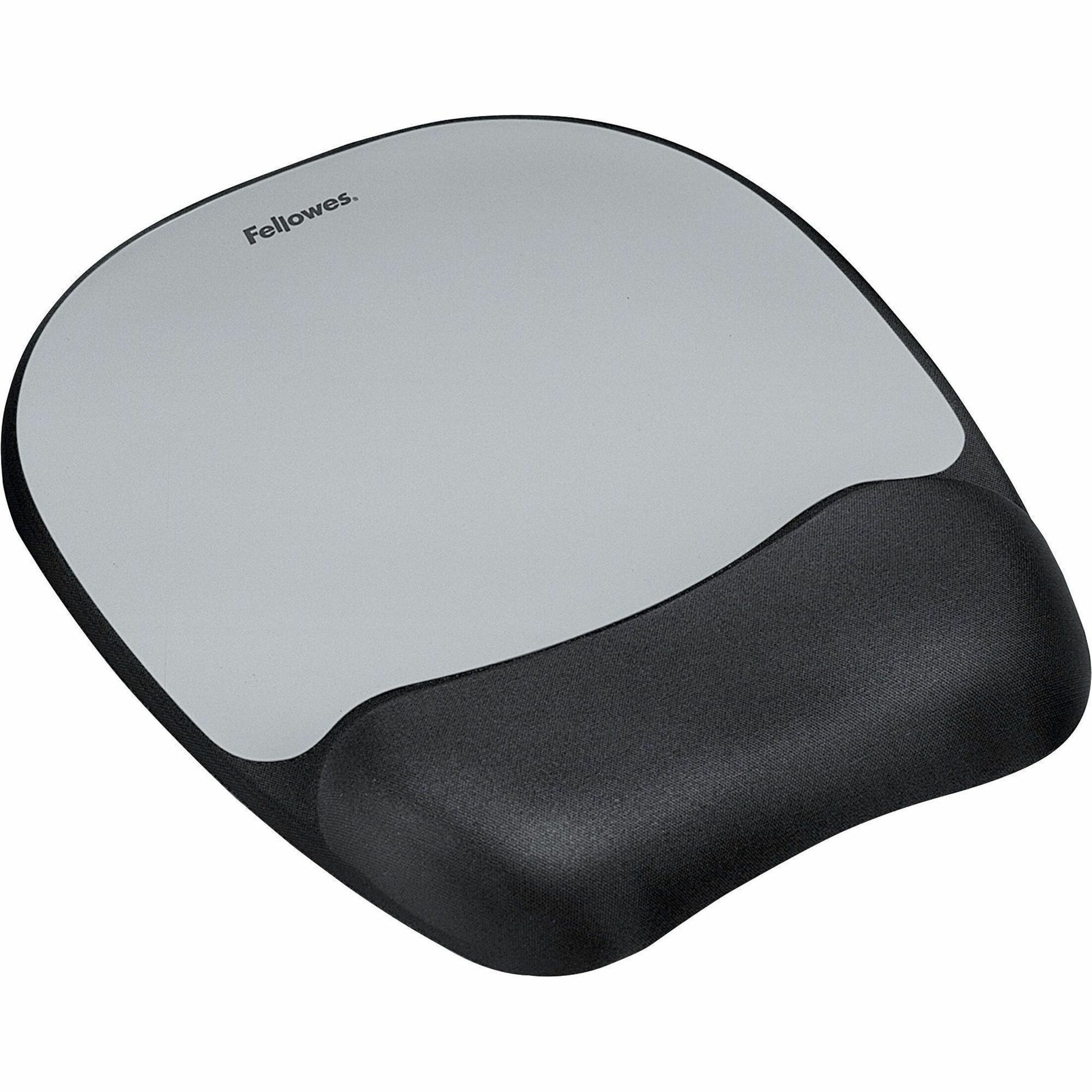 Fellowes silver and black ergonomic mouse pad with memory foam wrist rest, top angled view-alternate-image1