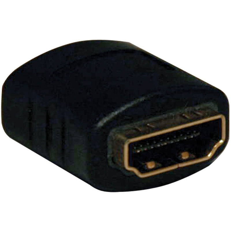 Compact black HDMI female-to-female adapter with gold-plated connector showing detailed port view